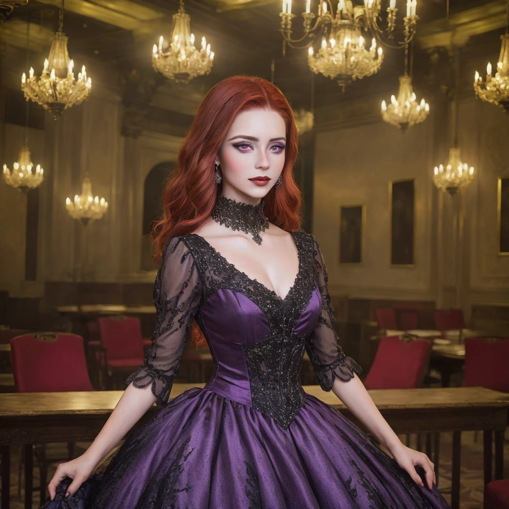  (masterpiece), (extremely intricate1.3), (realistic1.1),  woman with the facial appearance of Brazilian singer Sandy Leah Lima at 22 years old, wearing a dress in the color of camellia flowers, with beautiful vivid red hair, styled in a slightly gothic fashion, set in a medieval ballroom. Camera angle: Medium shot, capturing her elegance and the ornate details of the ballroom, capturing the regal and mystical ambiance of the scene, (detailed face:1.2), (purple  eyes:1.2) 