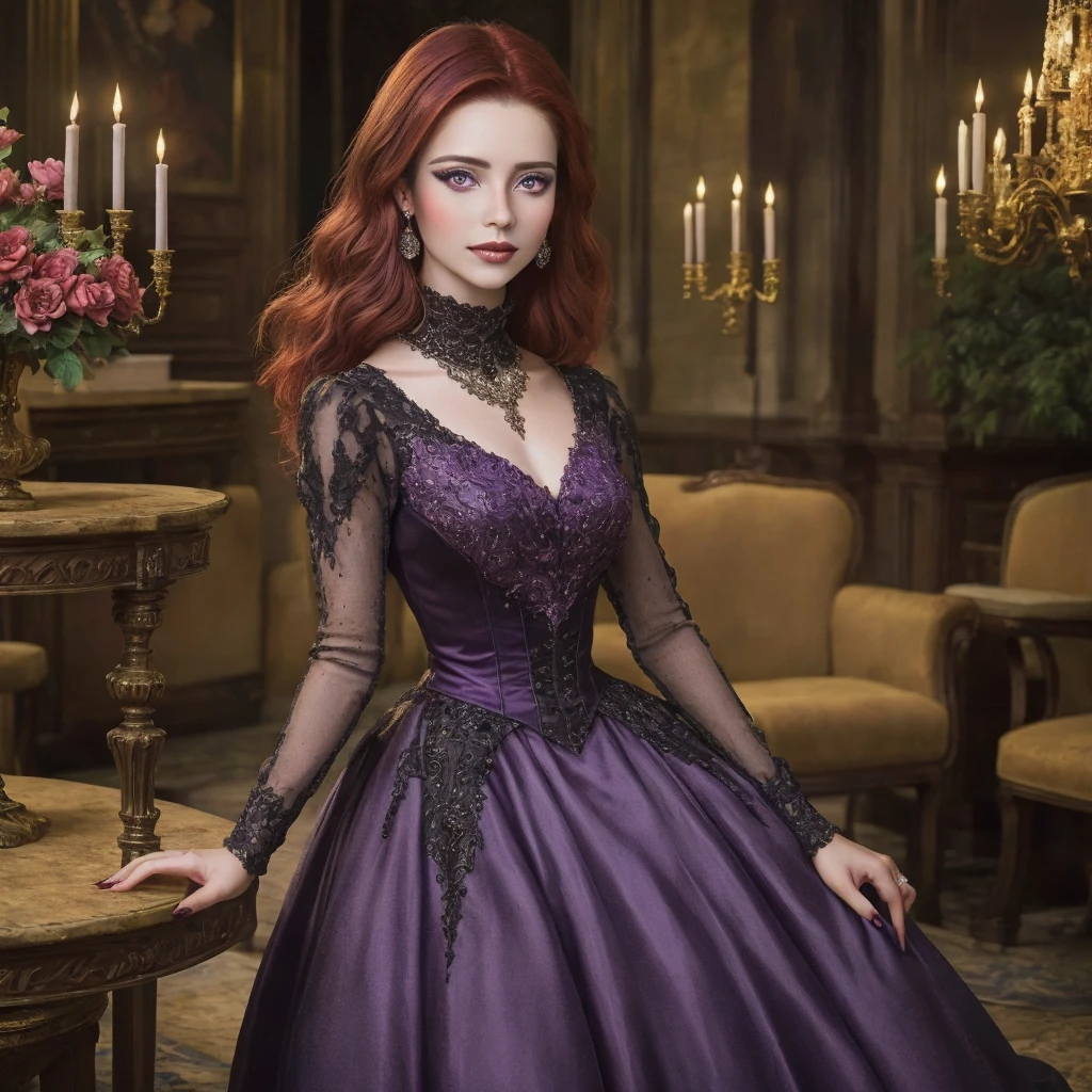  (masterpiece), (extremely intricate1.3), (realistic1.1),  woman with the facial appearance of Brazilian singer Sandy Leah Lima at 22 years old, wearing a dress in the color of camellia flowers, with beautiful vivid red hair, styled in a slightly gothic fashion, set in a medieval ballroom. Camera angle: Medium shot, capturing her elegance and the ornate details of the ballroom, capturing the regal and mystical ambiance of the scene, (detailed face:1.2), (purple  eyes:1.2) 