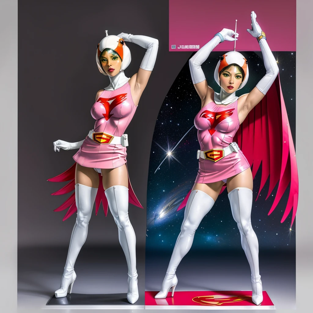 ANI_CLASSIC_jun_gatchaman_ownwaifu,1girl, ,good anatomy, masterpiece, best quality,realistic, hyperrealistic, 16k hdr,breasts,greelips,large breasts,lipstick,maoves,cape,helmet,belt,elbow gloves,white gloves,mask,ultra miniskirt,leotard,spacesuit,white tight overknee highheels boots,pink dress,superhero,bodysuit,cleavage,erected nipples,(g pose,splegs, artraight)),cameltoe