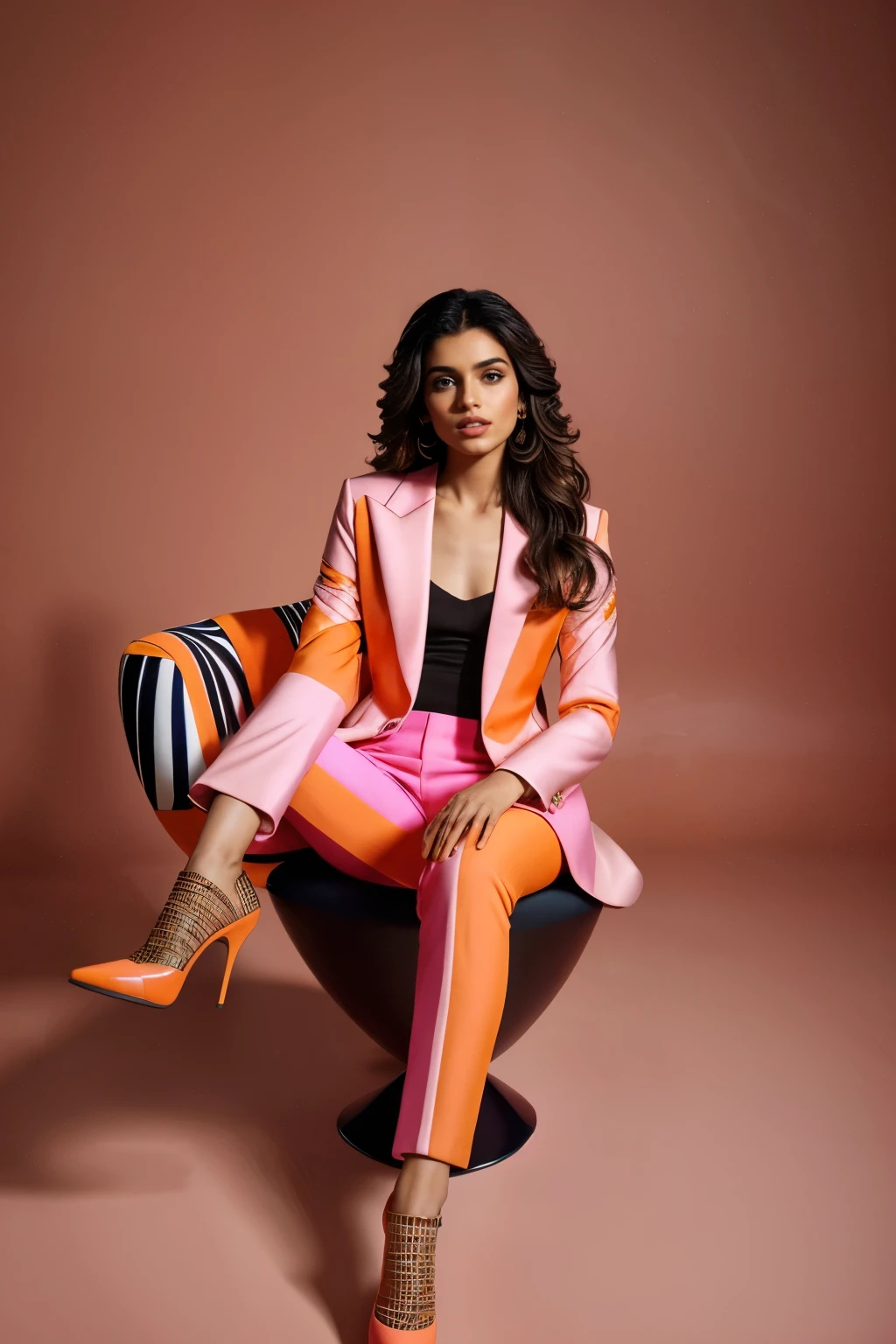 A beautiful 20 year indian model with wavy brown hair, wearing a bold and ((pink orange geometric suit)). Colorful atmosphere, photo studio, artistic,(( black YSL heels)) , reclined on a minimalistic chair