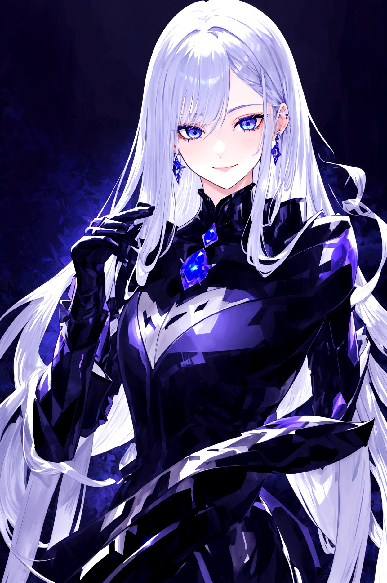 Guy, beautiful facial features, smile, squinted siren dark blue eyes without glare, silver and dark purple long hair with straight bang, fantasy black fit suit with blue and purple elements, long black gloves, model, gorgeous, elegant, lots of silver jewelry, flowers in his hair