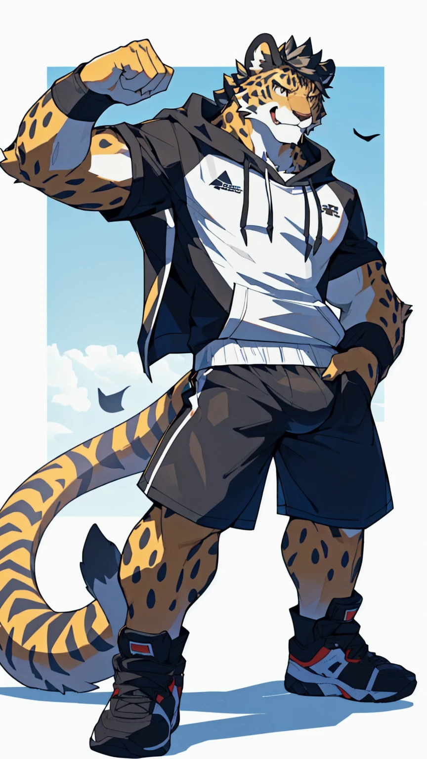 White background，high resolution，4K，masterpiece，high quality，Warm man，29 years old，((Cheetah))，male，((whole body:1.4，Strike a pose:1.5，fiercely:1.3，grimace in pain:1.4))，CheetahFurry，（teenager:1.5，hairy），((Moderate:1.2，short hair:1.3))，((Strong body:1.5，Long legs:1.3，big ear:1.3，Thick long tail))，(((Grey sweatshirt，Black sports shorts)))，(((Hair:1.6，充满Moderate肌肉:1.3，Golden Eyes:1.4，Black hair:1.3，White chest:1.3，White belly:1.4，Limbs:1.4，Crotch bulge)))，Delicate eyes:1.6，Fine details，Detailed body，（Detailed hand details:1.4）