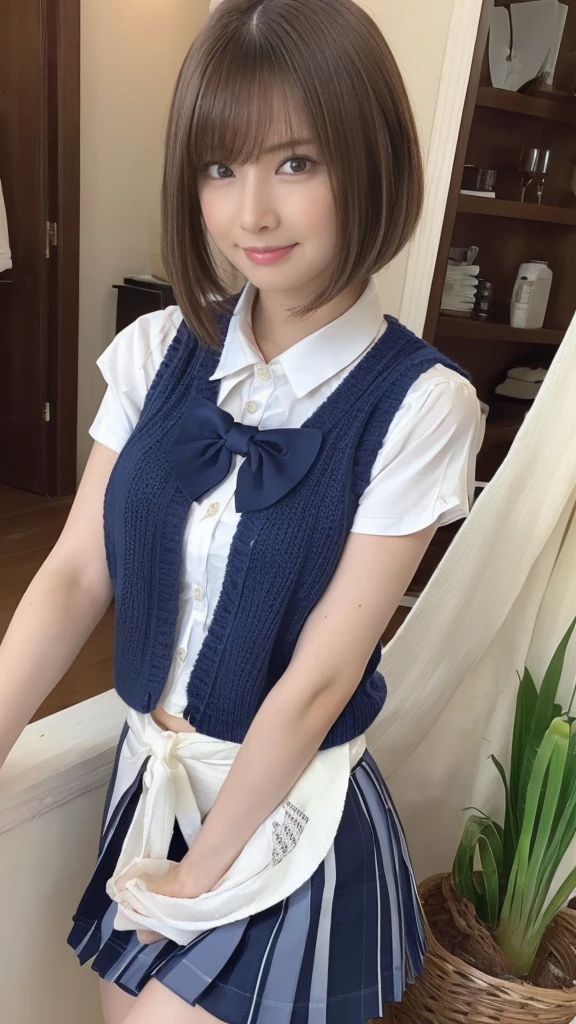 (masterpiece:1.2, highest quality), (realistic, photorealistic:1.4), beautiful illustrations, (natural side lighting, movie lighting), Depth of written boundary, 
looking at the viewer, Front view, 1 girl, English, high school girl, 20 years old, perfect face, Cute symmetrical face, shiny skin, open legs,
(bob hair:1.7,blonde), asymmetrical bangs, Big eyes, droopy eyes, long eyelashes chest), thin, 
beautiful hair, beautiful face, fine and beautiful eyes, beautiful clavicle, beautiful body, beautiful breasts, beautiful thighs, beautiful feet, beautiful fingers, 
((fine fabric texture, brown knit vest, short sleeve white collar shirt, navy pleated skirt, Navy bow tie)), 
(beautiful scenery), evening, (Inside the flower shop), Are standing, (smile, Upper grade, open your mouth),  (((skirt lift, white panties, genitals visible))), full body shot, dark blue socks, sexy face,