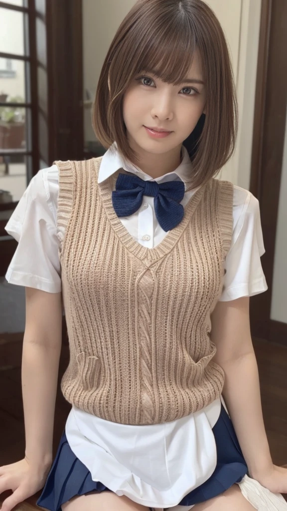 (masterpiece:1.2, highest quality), (realistic, photorealistic:1.4), beautiful illustrations, (natural side lighting, movie lighting), Depth of written boundary,
looking at the viewer, Front view, 1 girl, English, high school girl, 20 years old, perfect face, Cute symmetrical face, shiny skin, open legs,
(bob hair:1.7,blonde), asymmetrical bangs, Big eyes, droopy eyes, long eyelashes chest), thin,
beautiful hair, beautiful face, fine and beautiful eyes, beautiful clavicle, beautiful body, beautiful breasts, beautiful thighs, beautiful feet, beautiful fingers,
((fine fabric texture, brown knit vest, short sleeve white collar shirt, navy pleated skirt, Navy bow tie)),
(beautiful scenery), evening, (Inside the flower shop), Are standing, (smile, Upper grade, open your mouth), (((skirt lift, white panties, genitals visible))), full body shot, dark blue socks, sexy face,
