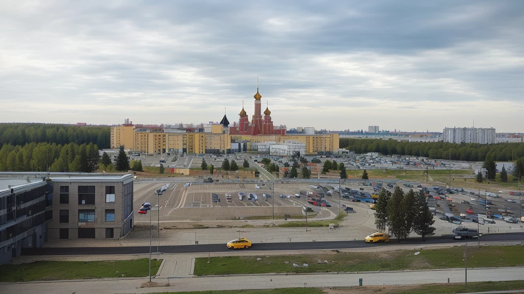 there is a large parking lot with a lot of cars parked in it, view from window on megapolis, ground level view of soviet town, russian city, photo taken from far, surrounding the city, taken with sony alpha 9, town in the background, shot from 5 0 feet distance, with a city in the background, viewed from bird's-eye