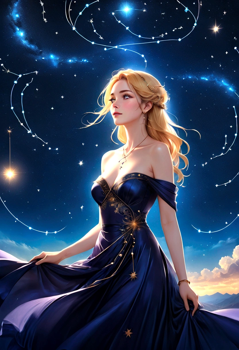 a portrait of an astrologer looking to the sky at libra constellation in the night sky, an extraordinary beautiful woman, there is magic in her eyes divining the future from the Libra constellation, blond hair, dynamic hair style, wearing an intricate dark purple dress decorated with glowing stars, she looks to the night sky seeing the ((Libra constellation in the sky: 1.5)), vibrant, Ultra-high resolution, High Contrast, (masterpiece:1.5), highest quality, Best aesthetics), best details, best quality, highres, 16k, [ultra detailed], masterpiece, best quality, (extremely detailed), Cinematic Hollywood Film, magical sky, FireMagicAI, dark novel