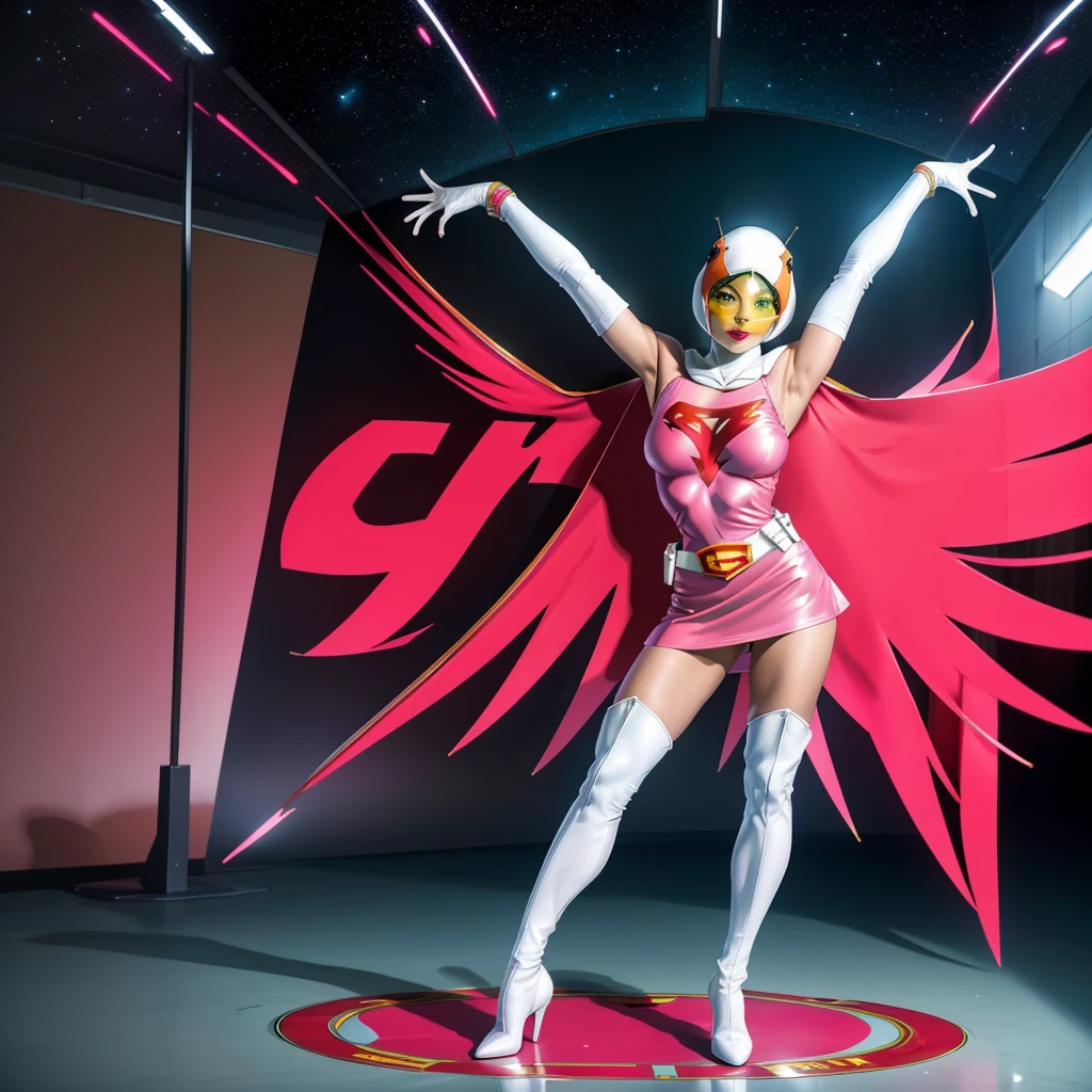 ANI_CLASSIC_jun_gatchaman_ownwaifu,1girl, 15 years old,good anatomy, masterpiece, best quality,realistic, hyperrealistic, 16k hdr,breasts,green eyes,lips,large breasts,lipstick,makeup,gloves,cape,helmet,belt,elbow gloves,white gloves,mask,ultra miniskirt,leotard,spacesuit,white tight overknee highheels boots,pink dress,superhero,bodysuit,cleavage,erected nipples,((standing pose,spread legs, arms up straight)),cameltoe