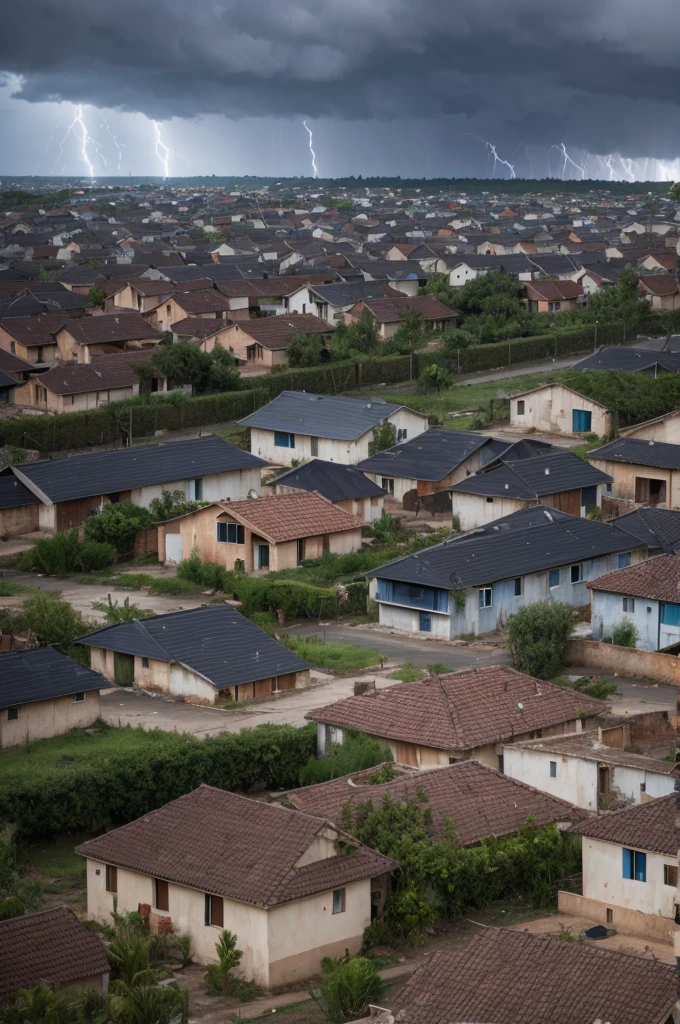 A storm over a community, with some houses symbolizing human rights violations