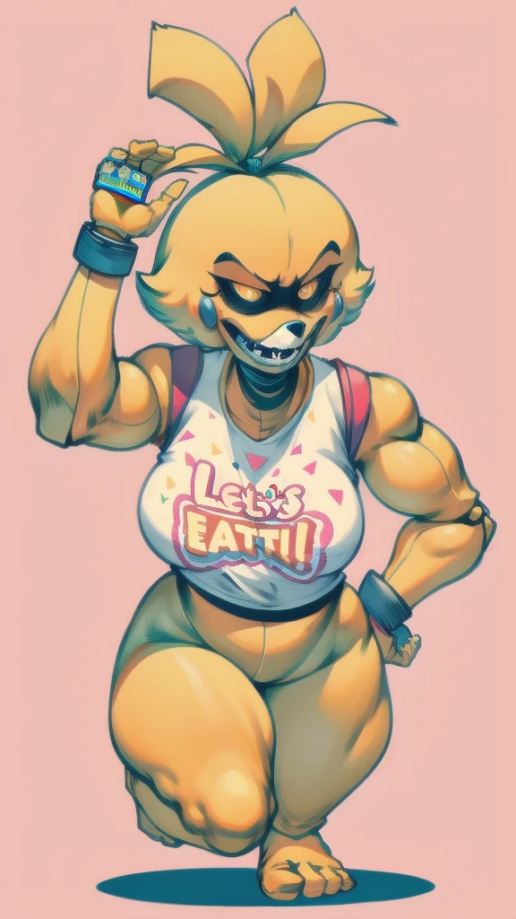 Full body image of Chica from Five Nights at Freddy's, full body in image, wearing her original outfit (yellow animatronic with a bib that says 'Let's Eat!', and orange feet), short hair-like feathers, female animatronic body, dynamic pose, detailed pose, simple background, expressive face showing a menacing look, focus on face, line art, sketch