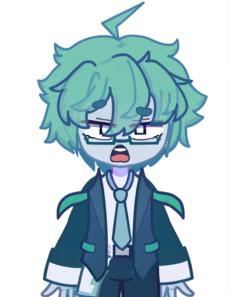 (((DAN))), Stands close to the camera, smiles, Gacha DAN, 1 man, green hair, square eyes, black-blue eyes, white shirt, green tie, green jacket, square green glasses, green pants, green shoes, pale skin, Asian appearance, Hair tip