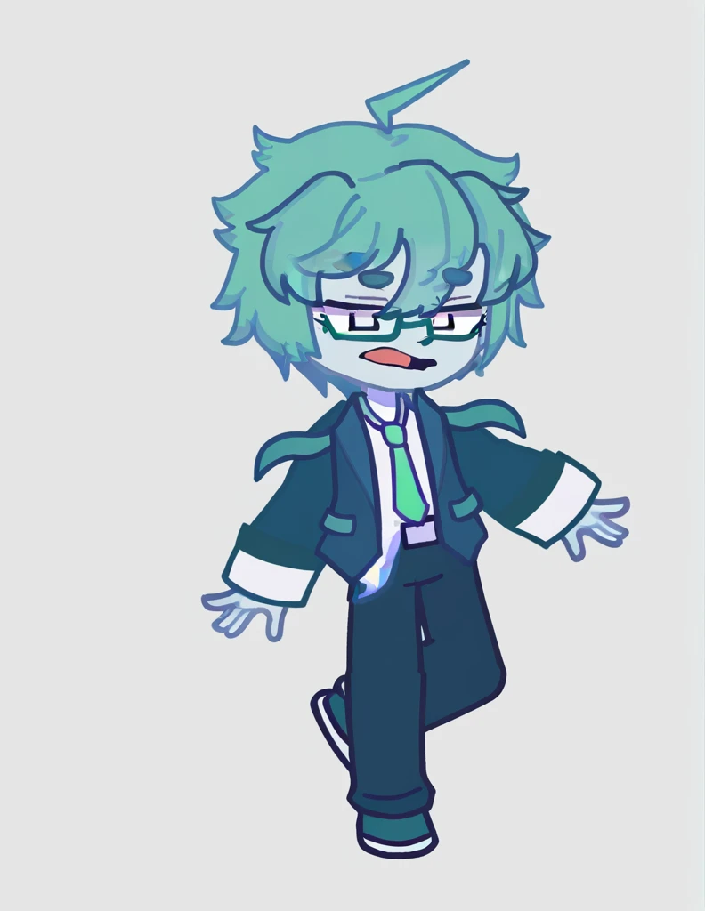 (((DAN))), Stands close to the camera, smiles, Gacha DAN, 1 man, green hair, square eyes, black-blue eyes, white shirt, green tie, green jacket, square green glasses, green pants, green shoes, pale skin, Asian appearance, Hair tip