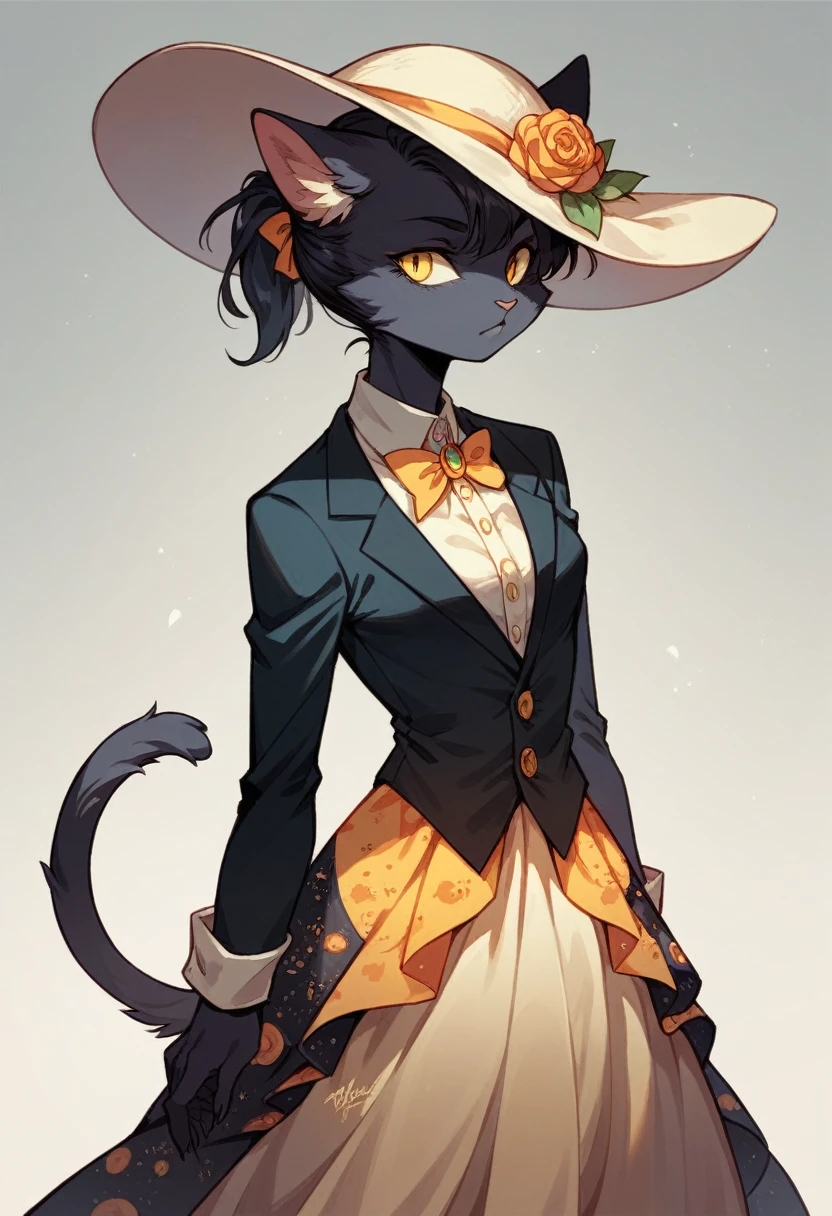 Solo female anthro , furry, tuxedo cat, black short hair, hair in a ponytail, yellow eyes, 1900's fashion, a fluffy hat with feathers on it, a long patterned dress