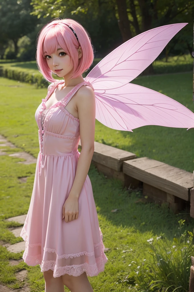 A fairy with a pink wig and dress