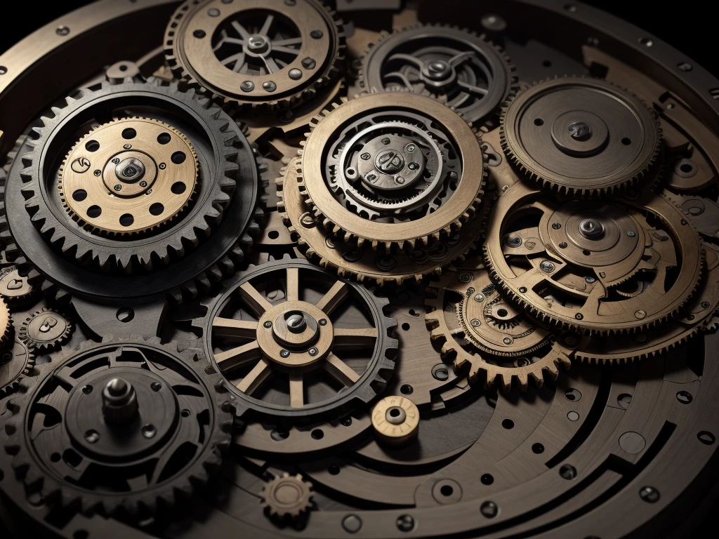 Create a dark themed 3D Live clock work mechanism gears and cogs wallpaper