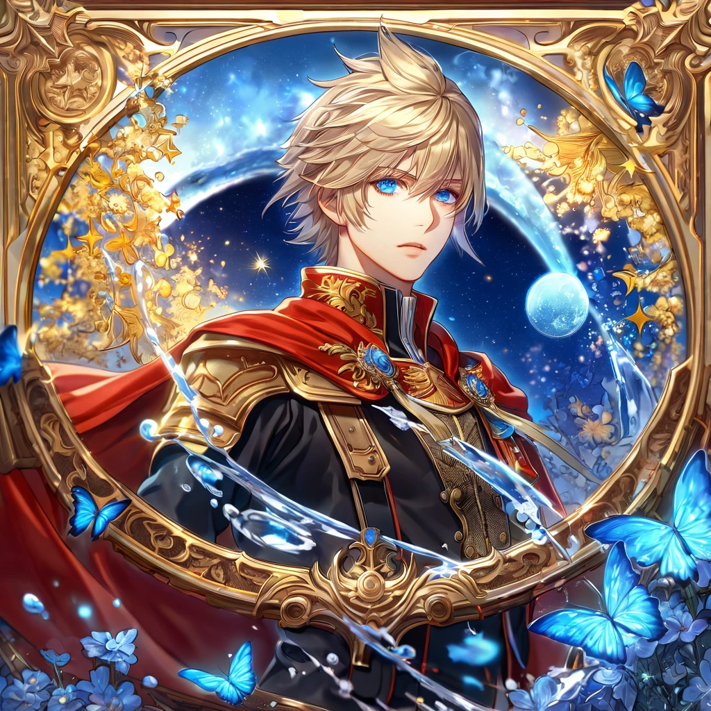 absurdres, highres, ultra detailed, HDR, master piece, best quality, extremely detailed, Ace, blonde hair, expressive blue eyes, Final Fantasy Type 0, solo, sexy man, handsome, black uniform, red cape, fantasy, water, sparkling, blue glittering fireflies, blue moon, blue flowers, blue butterflies, starry sky