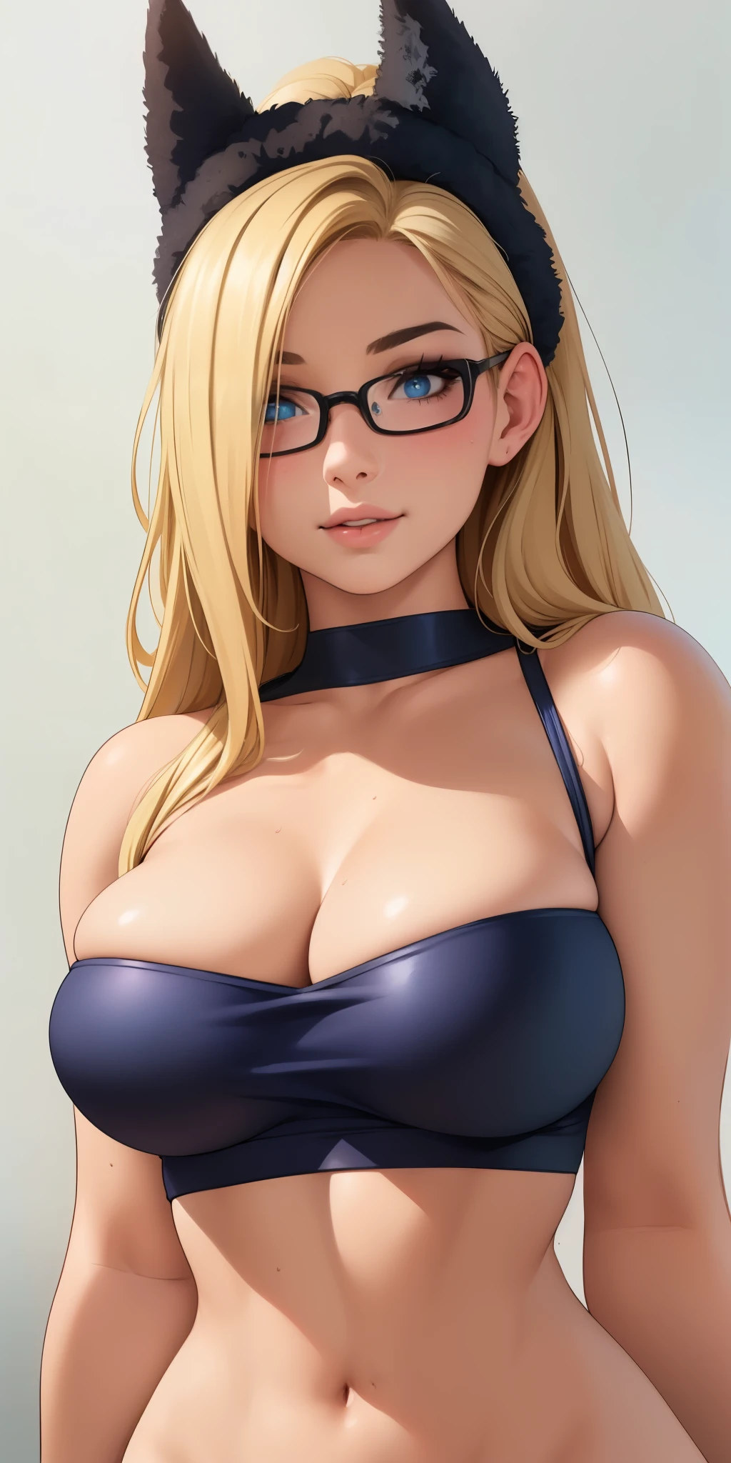 masterpiece), (portrait), medium breasts (aesthetics), ((1 19 year old girl)), ((long hair with fuzzy winter headdress)), ((punk brownish blonde hair)), wavy hair, thin and open eyes, blue eyes, cute round women's glasses, feminine, woman, feminine features, high quality, aesthetic clothing, professional angle, (rule of thirds), feminine features, solo, (attractive Korean woman), summer, (fog of ink), (afternoon), (vibrant light), seductive posture, ((face looking forward))), crop top with thin straps, long hip hop top, stylish and bold ((Energy)), (Bold makeup), (Average breasts), Tanned skin, (Clothes with Hop hip details), (Cropped top), (Beautiful neckline), beautiful body, beautiful eyes, bright eyes, seductive smile, beautiful mouth, beautiful lips, (best quality, ultra detailed, photorealistic: 1.39), bright and vibrant colors, studio lighting, romantic expression, seductive, seductive, watercolor background, paint splashes