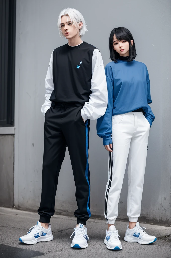 White hair. Black and blue shirt. Black and blue pants. White sneakers