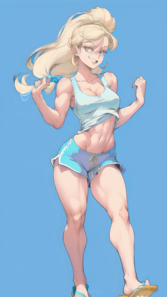 Full body image of Loud from The Loud House, full body in image, wearing her original outfit (light blue tank top, beige shorts, and light blue flip-flops), long blonde hair, female body, slender and athletic body, dynamic pose, detailed pose, simple background, expressive face showing a confident smile, focus on face, line art, sketch
