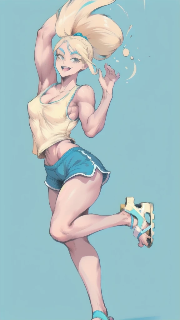 Full body image of Loud from The Loud House, full body in image, wearing her original outfit (light blue tank top, beige shorts, and light blue flip-flops), long blonde hair, female body, slender and athletic body, dynamic pose, detailed pose, simple background, expressive face showing a confident smile, focus on face, line art, sketch