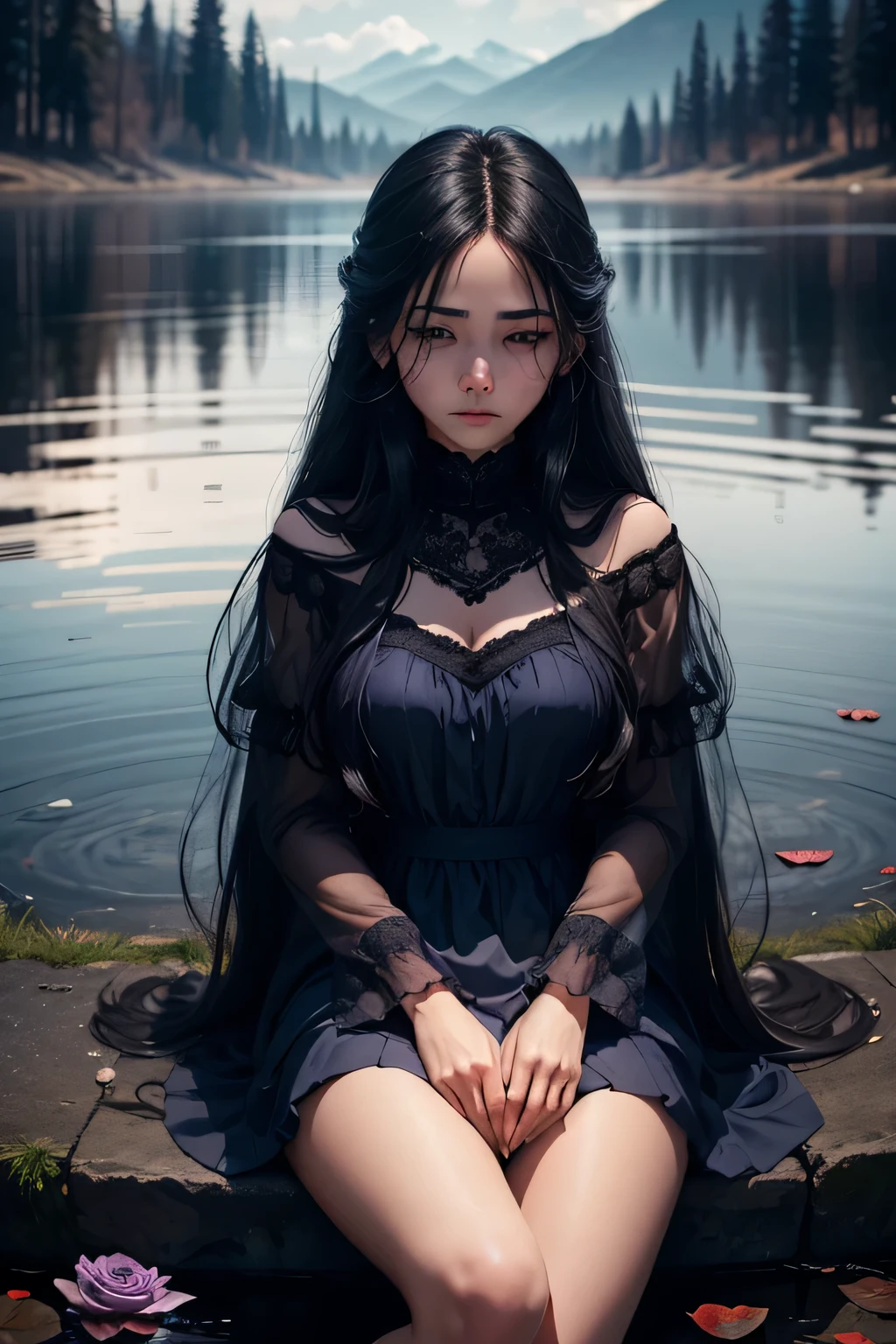A lone woman, enveloped in the evening gloom, sits on the edge of a serene lake. His lost gaze reflects the vastness of his thoughts and the shadows of his heart. Her gentle breeze makes her long, dark hair wave, but she seems imperceptible to it. The reflection in the water creates a distorted mirror of her soul, revealing more than her eyes can show. Next to her, a withered rose lies, a symbol of lost loves and times that will never return. The sky, dyed in purple and blue tones, seems to cry silently with her, joining in a silent lament.
Objective: Capture the essence of this woman's sadness and loneliness, exploring the depth of her emotions and the melancholic atmosphere that surrounds her.