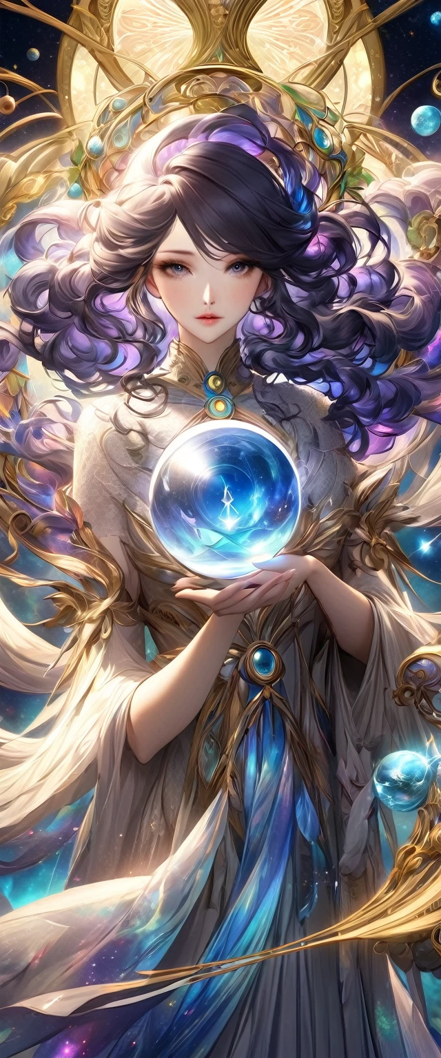 A woman in a dress holds a crystal ball and an astrology device, digital art by Cynthia Sheppard, PIXIV, fantasy art, Beautiful celestial mage, anime fantasy artwork, Goddess of Heaven, Anime art nouveau universe display, Time Goddess, Anime Fantasy Illustrations, Detailed key animation art, Beautiful fantasy anime, Shadowverse Style, galaxy goddess