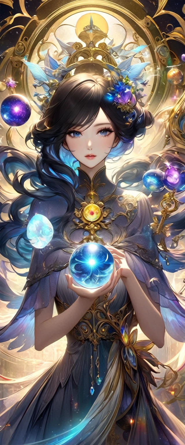 A woman in a dress holds a crystal ball and an astrology device, digital art by Cynthia Sheppard, PIXIV, fantasy art, Beautiful celestial mage, anime fantasy artwork, Goddess of Heaven, Anime art nouveau universe display, Time Goddess, Anime Fantasy Illustrations, Detailed key animation art, Beautiful fantasy anime, Shadowverse Style, galaxy goddess