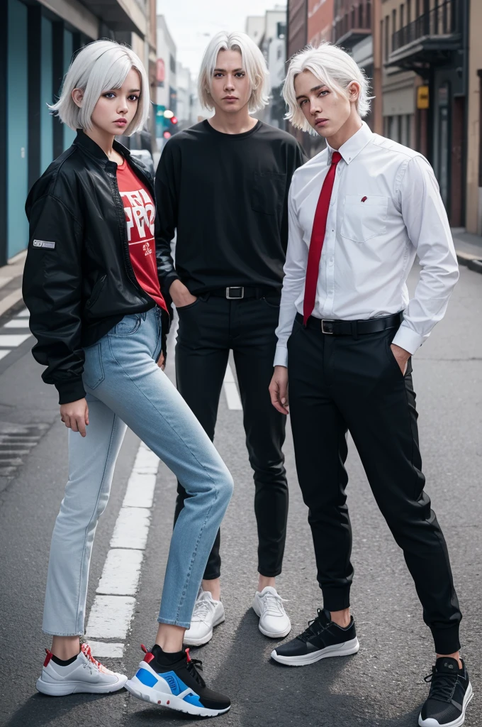 Free fire. White hair. Black and blue shirt. Black and blue pants. White shoe with red and blue