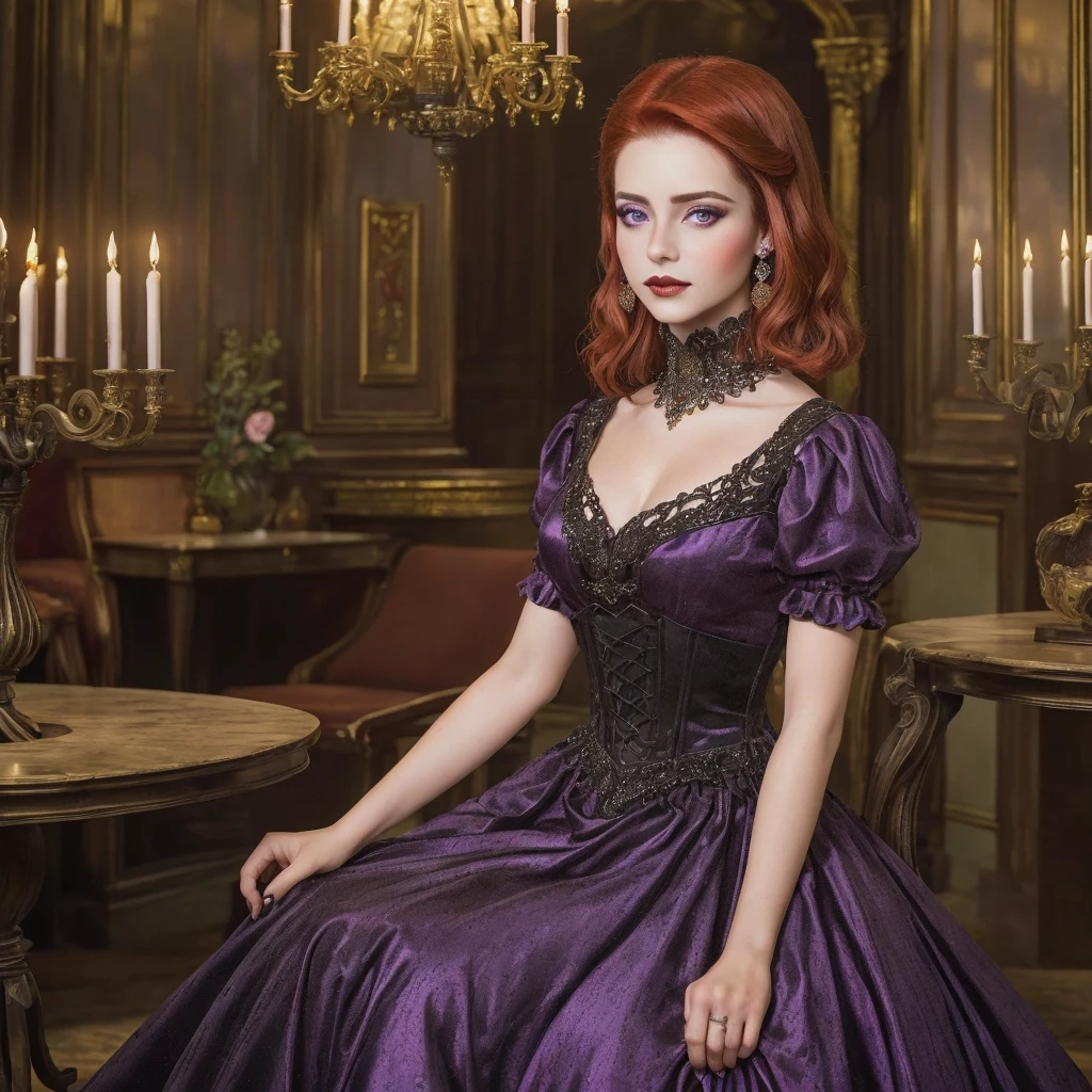  (masterpiece), (extremely intricate1.3), (realistic1.1),  woman with the facial appearance of Brazilian singer Sandy Leah Lima at 22 years old, wearing a dress in the color of camellia flowers, with beautiful vivid red hair, styled in a slightly gothic fashion, set in a medieval ballroom. Camera angle: Medium shot, capturing her elegance and the ornate details of the ballroom, capturing the regal and mystical ambiance of the scene, (detailed face:1.2), (purple  eyes:1.2) 