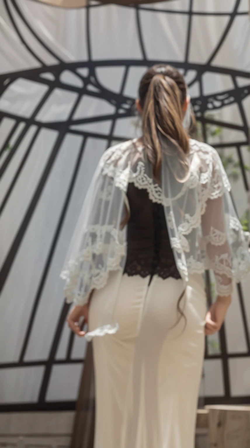 Back view, wearing lace and a full white veil, bare and large breasts, full lace
