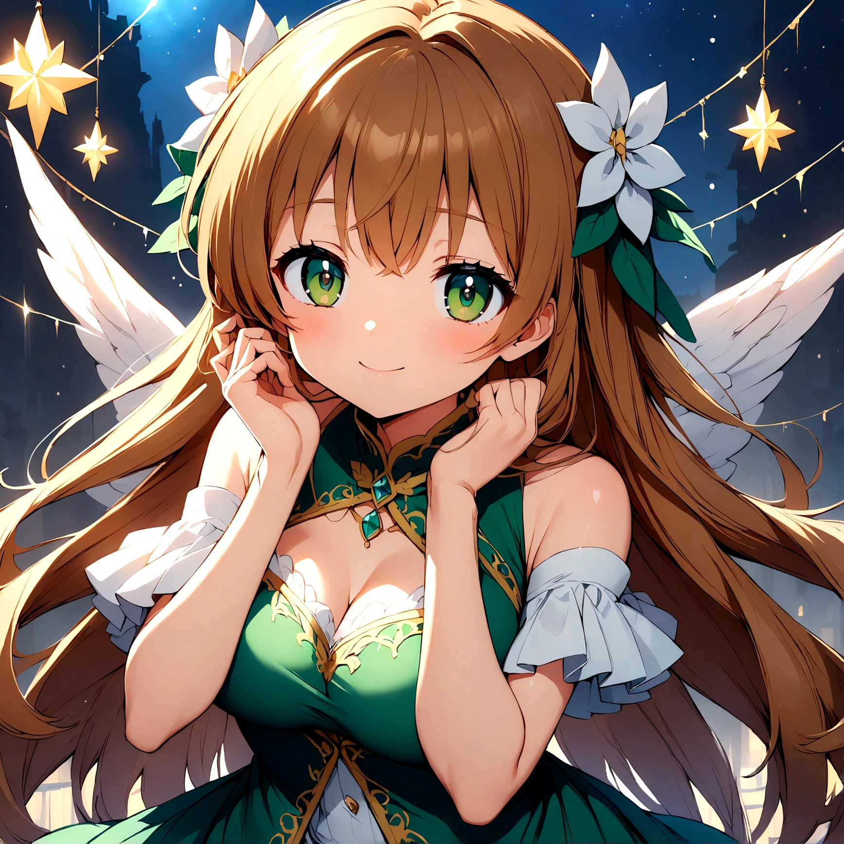 Anime girl with long brown hair green eyes Mystical version