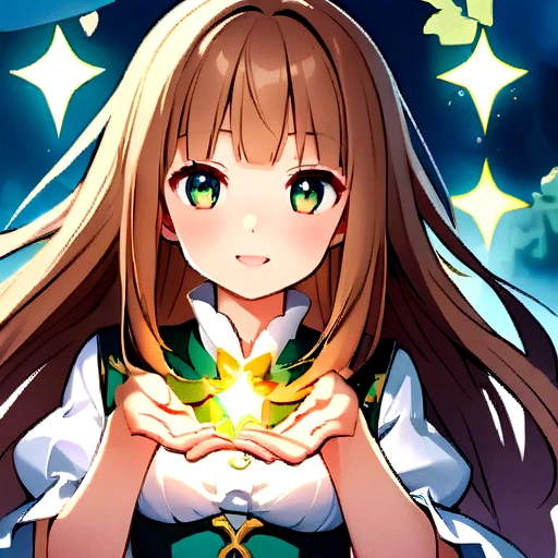 Anime girl with long brown hair green eyes Mystical version