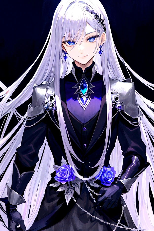 Guy, beautiful facial features, smile, squinted siren dark blue eyes without glare, silver and dark purple long hair with straight bang, fantasy black fit suit with blue and purple elements, long black gloves, model, gorgeous, elegant, lots of silver jewelry, flowers in his hair