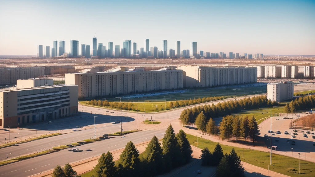 there is a large parking lot with a lot of cars parked in it, view from window on megapolis, ground level view of soviet town, russian city, photo taken from far, surrounding the city, taken with sony alpha 9, town in the background, shot from 5 0 feet distance, with a city in the background, viewed from bird's-eye