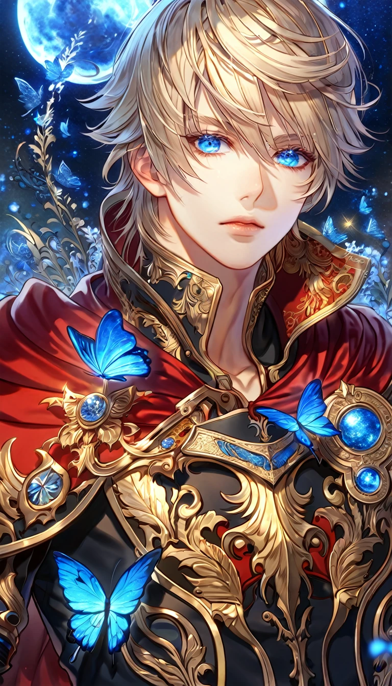 absurdres, highres, ultra detailed, HDR, master piece, best quality, extremely detailed, Ace, blonde hair, expressive blue eyes, Final Fantasy Type 0, solo, sexy man, handsome, black uniform, red cape, fantasy, water, sparkling, blue glittering fireflies, blue moon, blue flowers, blue butterflies, starry sky