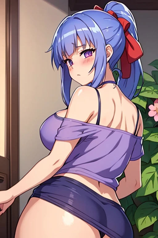 32k, cowboy shot, NFSW, anime style, anime image of a boy and a girl hugging in a room, realist , arm around her waist, Romance Shojo, cg anime suave, purple eyes, blue hair girl with long ponytail, with red ribbon in her hair, big breasts, tits, wearing a white t-shirt with bare shoulders, blushing, butt rounding, boy hugging her waist, placing his face on her chest, hugging her, hearts around, in a garden of dia.