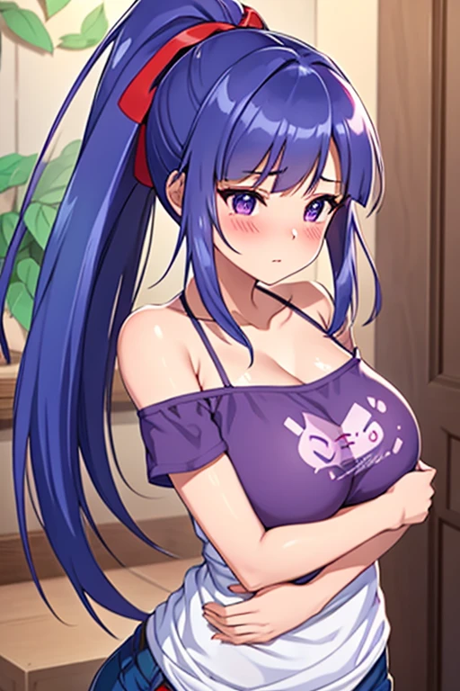 32k, cowboy shot, NFSW, anime style, anime image of a boy and a girl hugging in a room, realist , arm around her waist, Romance Shojo, cg anime suave, purple eyes, blue hair girl with long ponytail, with red ribbon in her hair, big breasts, tits, wearing a white t-shirt with bare shoulders, blushing, butt rounding, boy hugging her waist, placing his face on her chest, hugging her, hearts around, in a garden of dia.