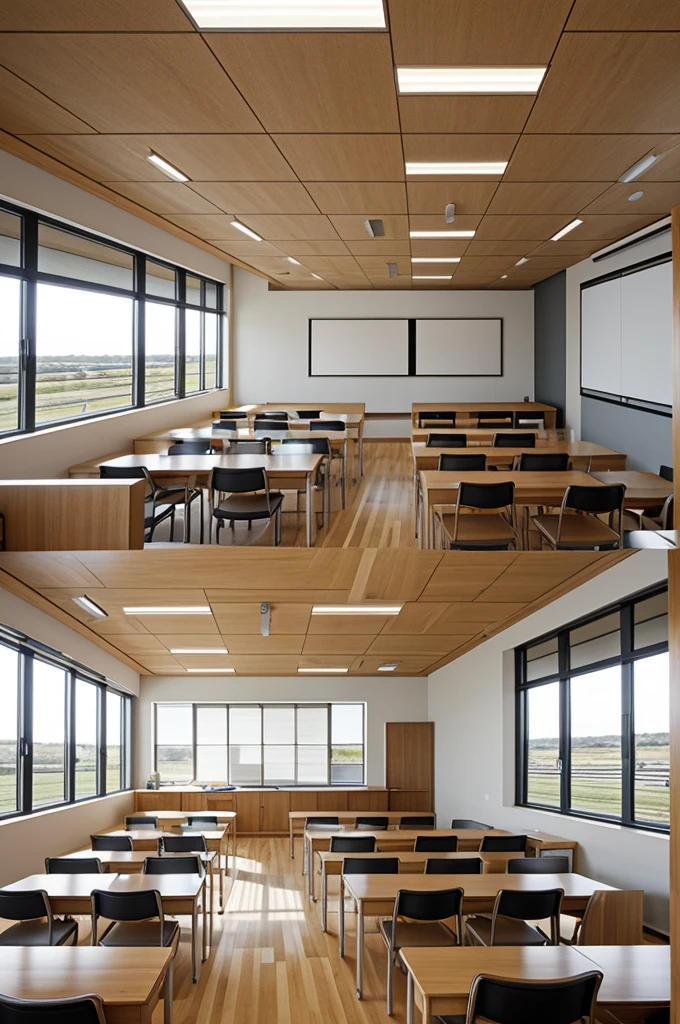 double height classroom with high ceiling and windows on the sides and acoustic panels on the walls
