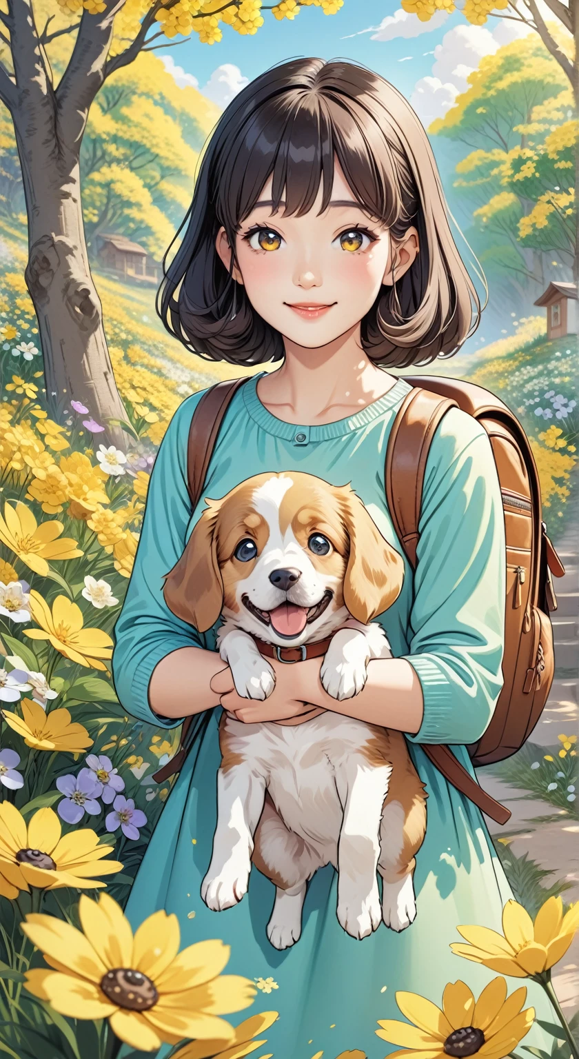 Tip: A very charming  with a backpack and her cute puppy enjoying a lovely spring outing surrounded by beautiful yellow flowers and nature. The illustration is a high-definition illustration in 4k resolution, featuring highly detailed facial features and cartoon-style visuals.  