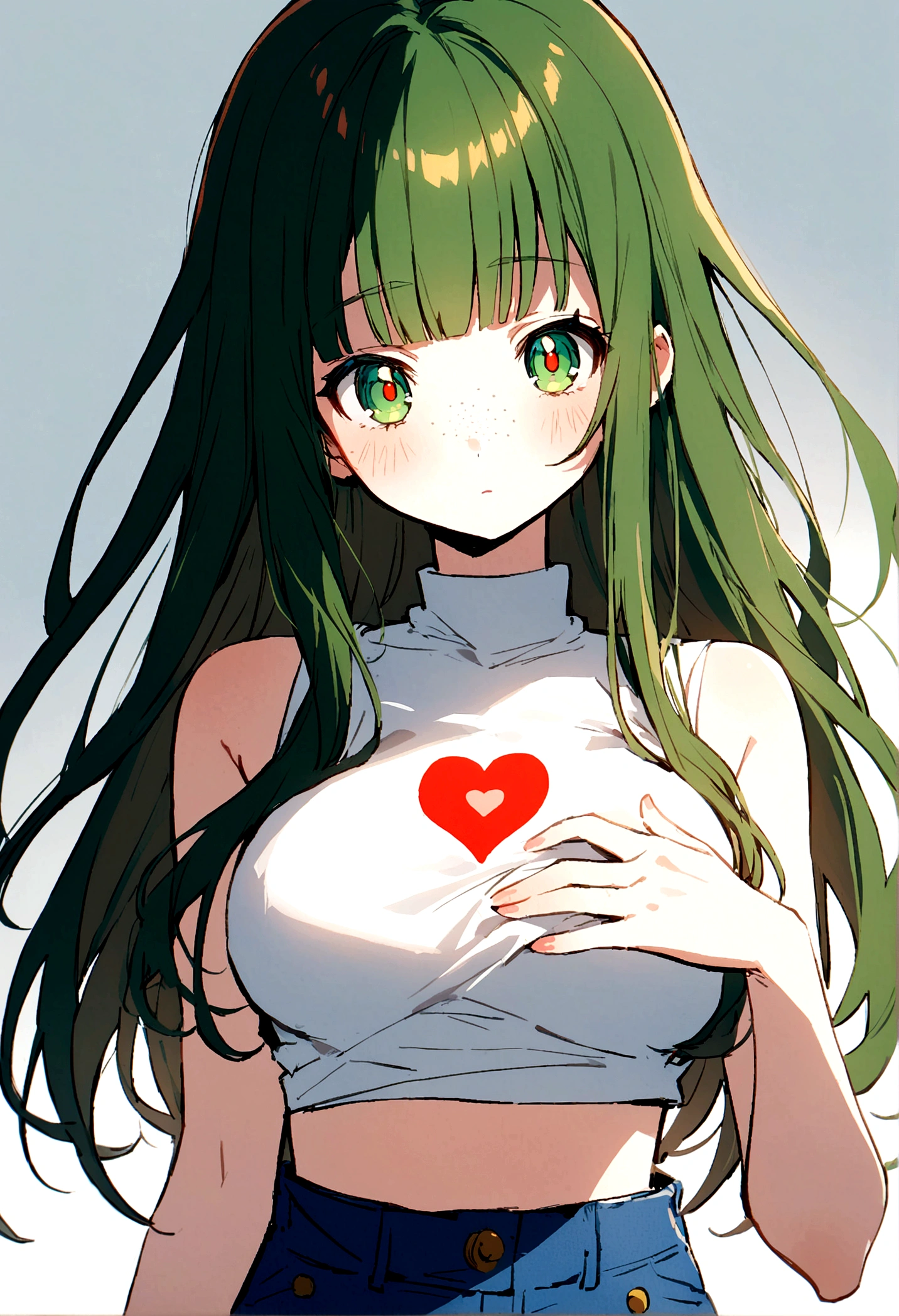 character, anime girl, white with freckles on the body. green eyes. Long-haired redhead with bangs. A high-neck crop top covering the entire chest, white tank top with a red heart in the center. Blue denim skirt with loose threads. whole body. White background.