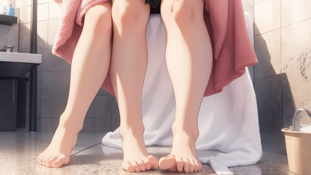 1 girl, holding a towel, behind, towel on feet,, masterpiece, Best quality, very detailed