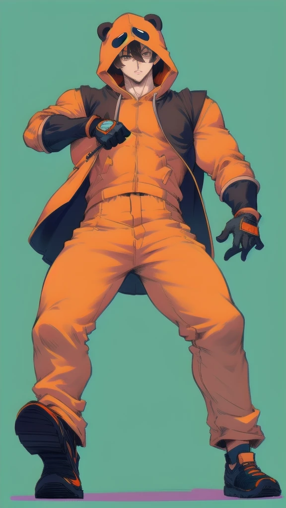 Full body image of Pandaverse Kenny from South Park, full body in image, wearing his unique outfit (bright orange parka with the hood up, black gloves, and brown pants), short hair, male body, dynamic pose, detailed pose, simple background, expressive face showing curiosity, focus on face, line art, sketch