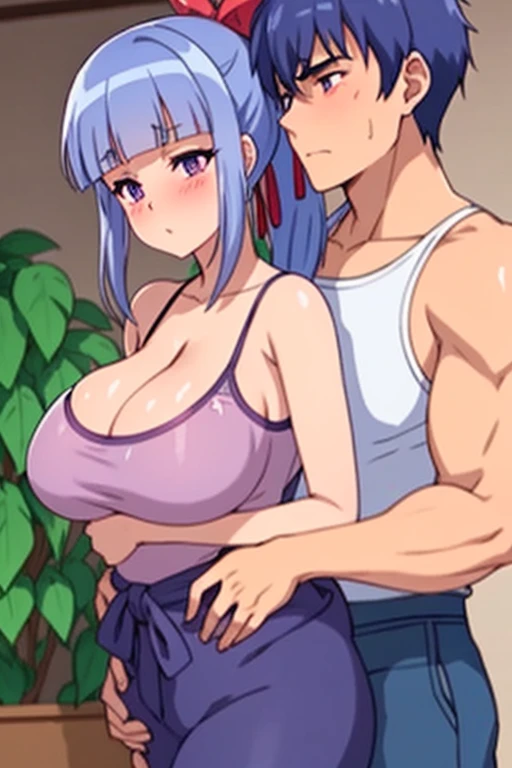 32k, cowboy shot, NFSW, anime style, anime image of a boy and a girl hugging in a room, realist , arm around her waist, Romance Shojo, cg anime suave, purple eyes, blue hair girl with long ponytail, with red ribbon in her hair, big breasts, tits, wearing a white t-shirt with bare shoulders, blushing, butt rounding, boy hugging her waist, placing his face on her chest, hugging her, hearts around, in a garden of dia.