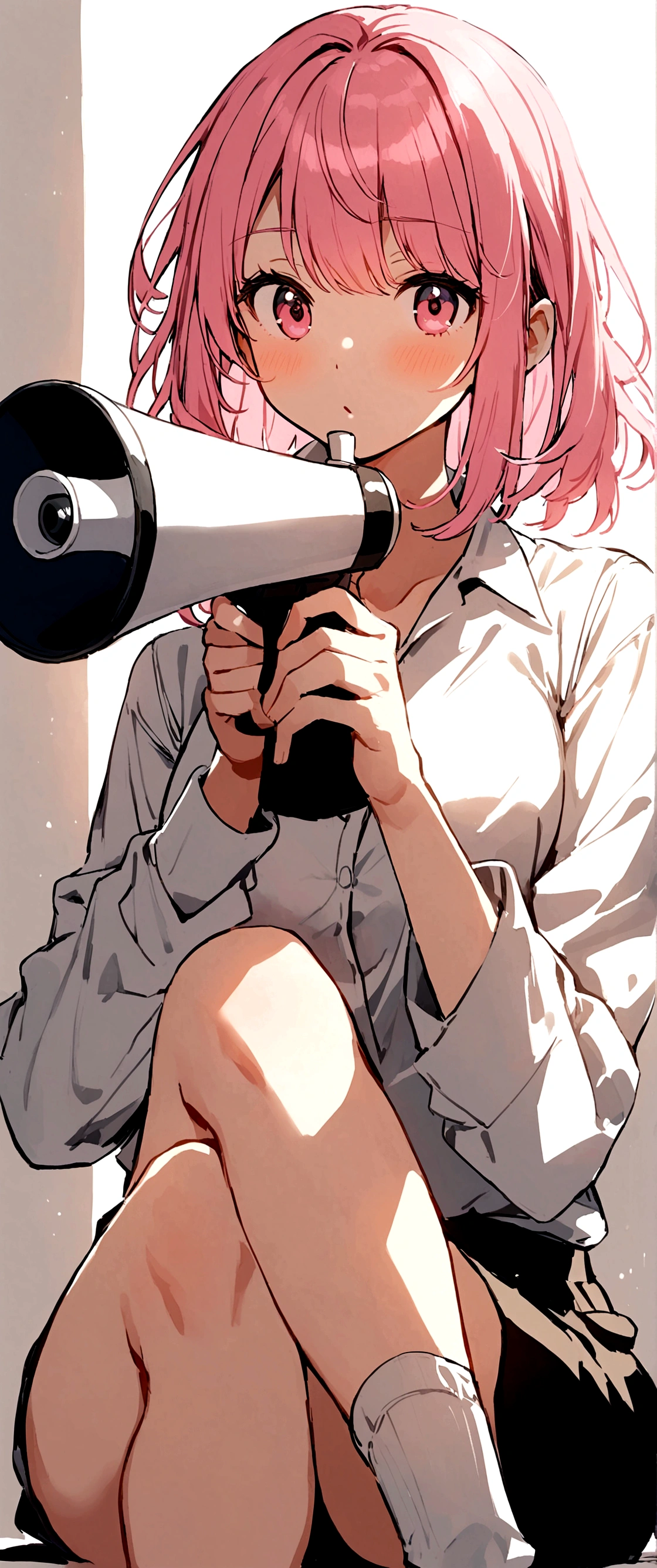 Kasane Teto Pink Hair Sitting with right leg raised Holding a megaphone