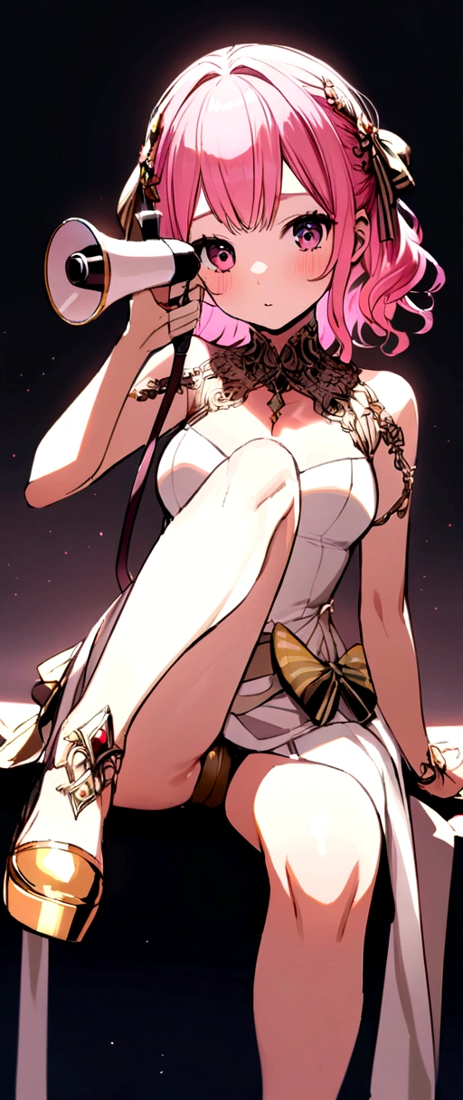 Kasane Teto Pink Hair Sitting with right leg raised Holding a megaphone