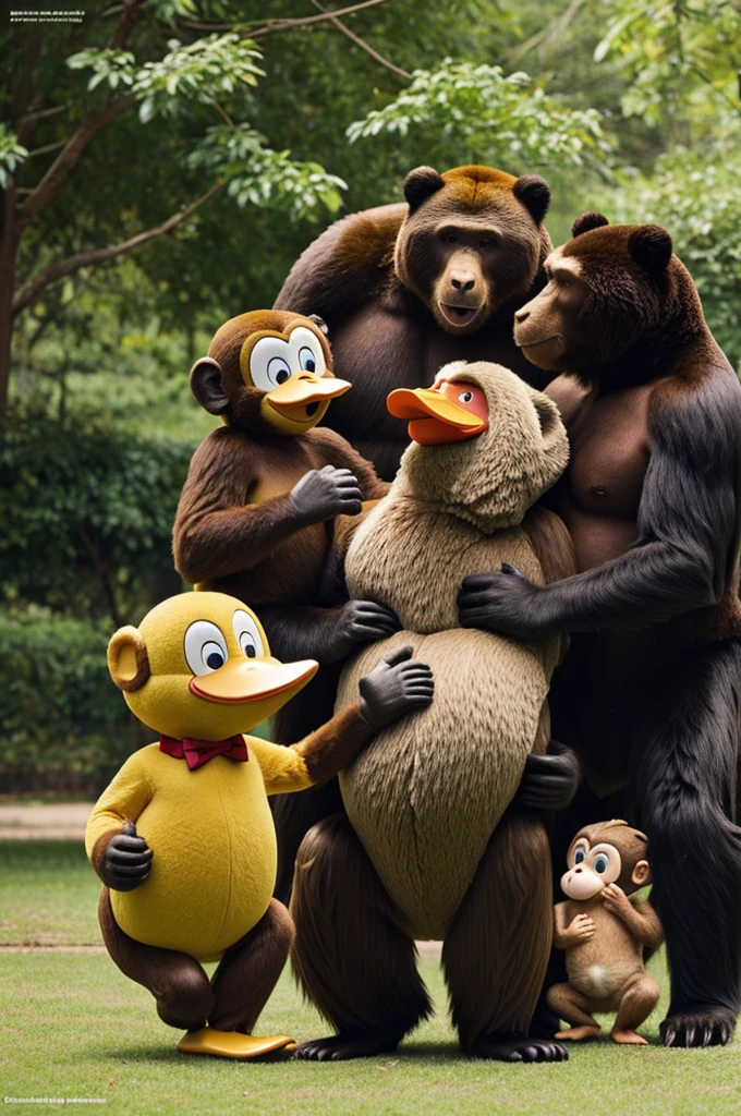 Create a cover with a duck, a bear and a monkey having fun