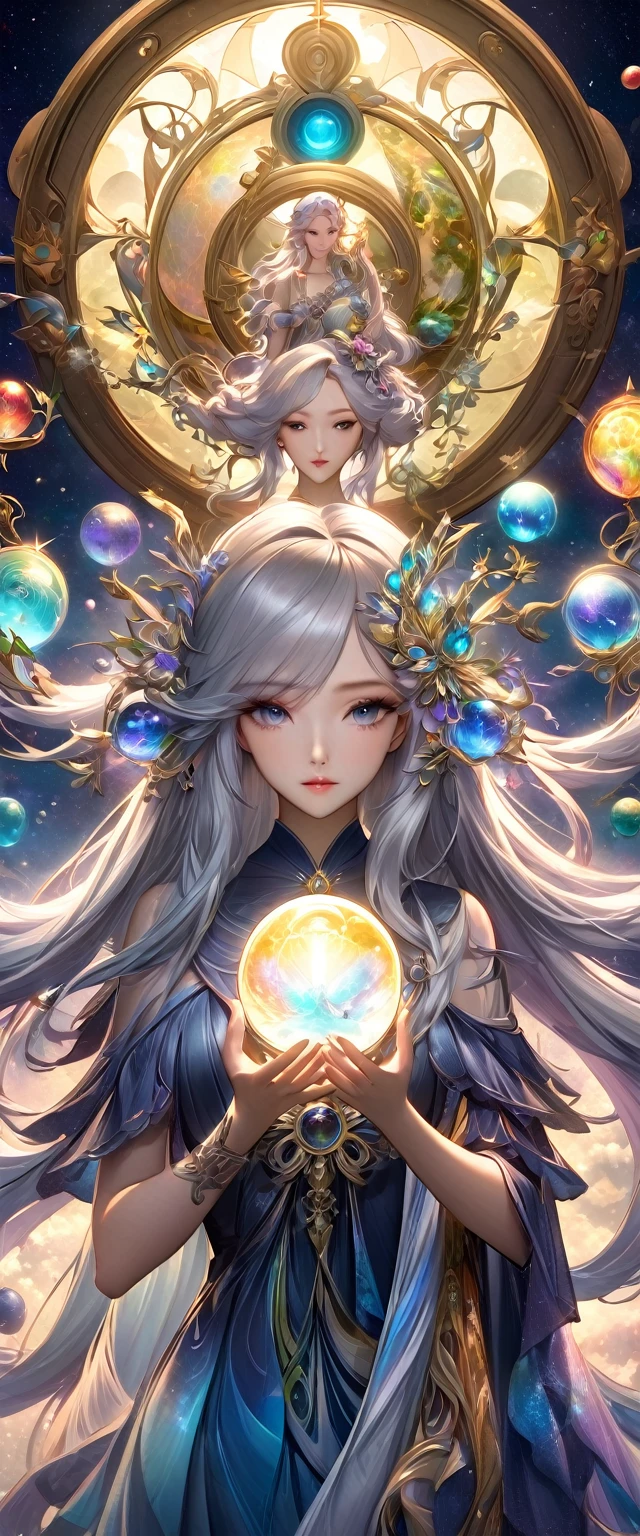 A woman with long silver hair in a dress holds a crystal ball and an astrology device, digital art by Cynthia Sheppard, PIXIV, fantasy art, Beautiful celestial mage, anime fantasy artwork, Goddess of Heaven, Anime art nouveau universe display, Time Goddess, Anime Fantasy Illustrations, Detailed key animation art, Beautiful fantasy anime, Shadowverse Style, galaxy goddess