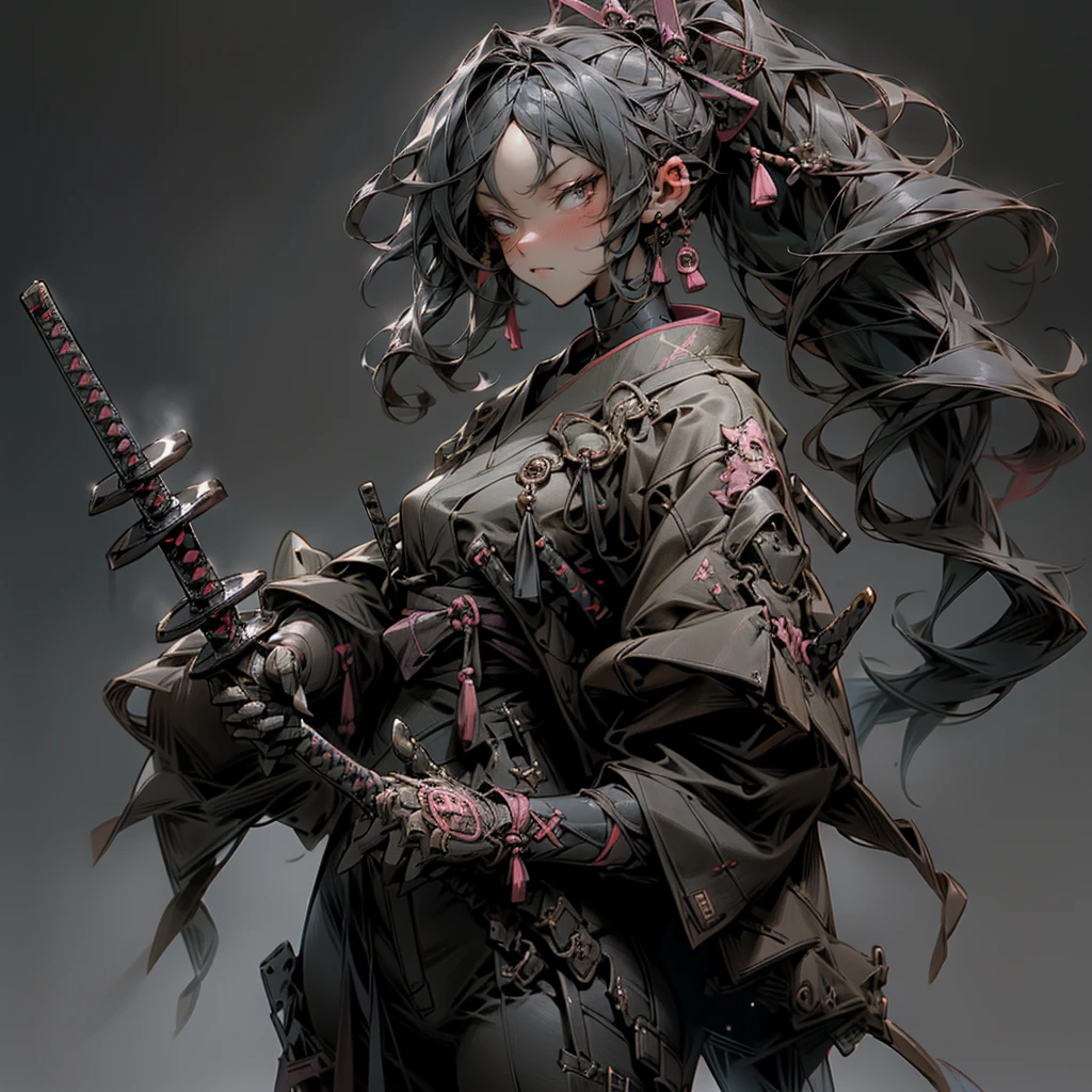woman with a sword in a dark room, 2. 5 d cgi anime fantasy work of art, Holding a black katana in his hands, stunning fantasy 3D rendering, Holding Katana, Unreal character engine, draws his katana, she is holding a katana sword, Yasuke models 5 0 0 px, Dramatic pose with katana, holding a katana, background color smoky. 