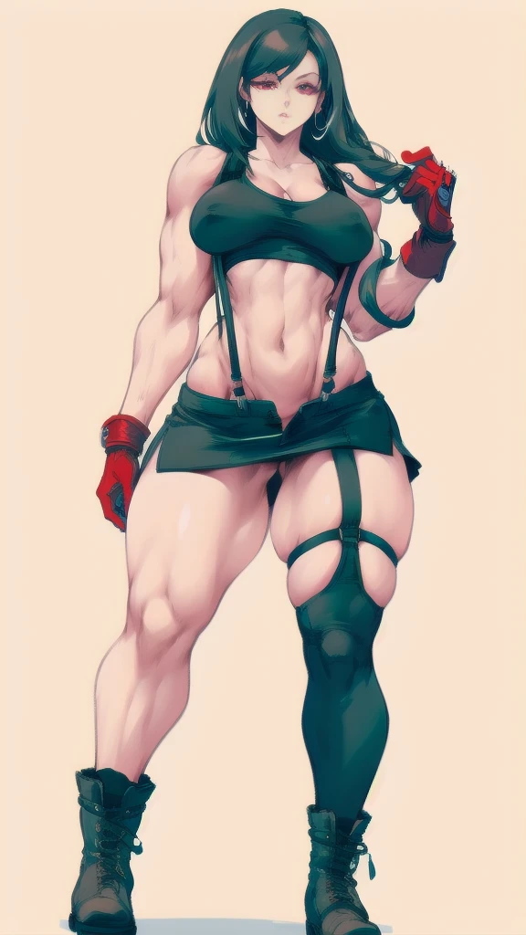 Full body image of Tifa Lockhart from Final Fantasy VII, full body in image, wearing her original outfit (white tank top, black mini skirt, suspenders, red gloves, and black combat boots), long hair, female body, athletic and curvy body, dynamic pose, detailed pose, simple background, expressive face, focus on face, line art, sketch.