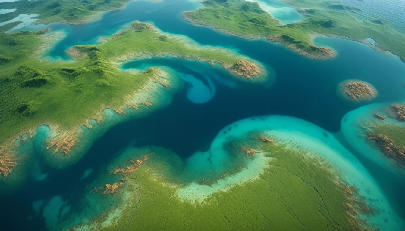 hyper-realistic cinematic photographic patterns, lighting and ultra-detailed image. The setting must show the vastness of the seas alongside fertile lands. with tones of blue, green and brown, and a balanced composition between land and water. widescreen image format with resolution 4K.
