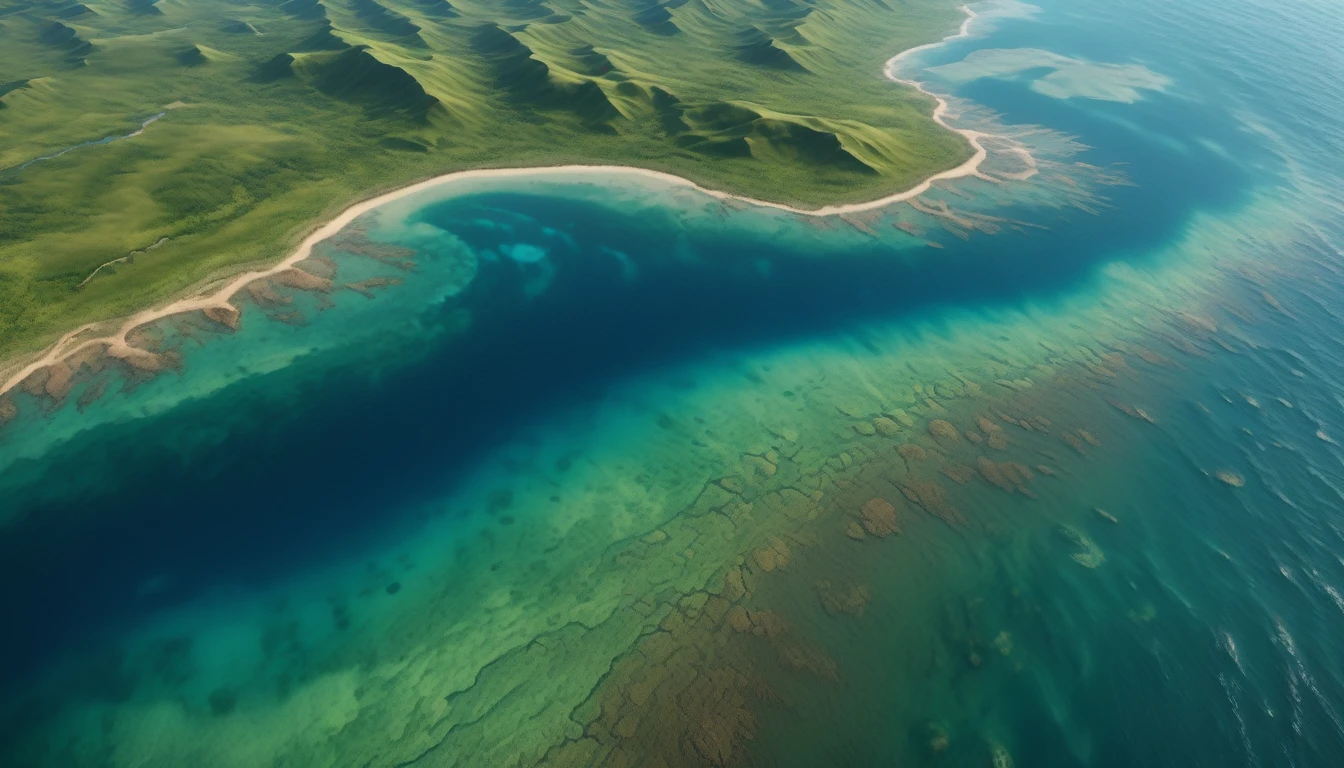 hyper-realistic cinematic photographic patterns, lighting and ultra-detailed image. The setting must show the vastness of the seas alongside fertile lands. with tones of blue, green and brown, and a balanced composition between land and water. widescreen image format with resolution 4K.